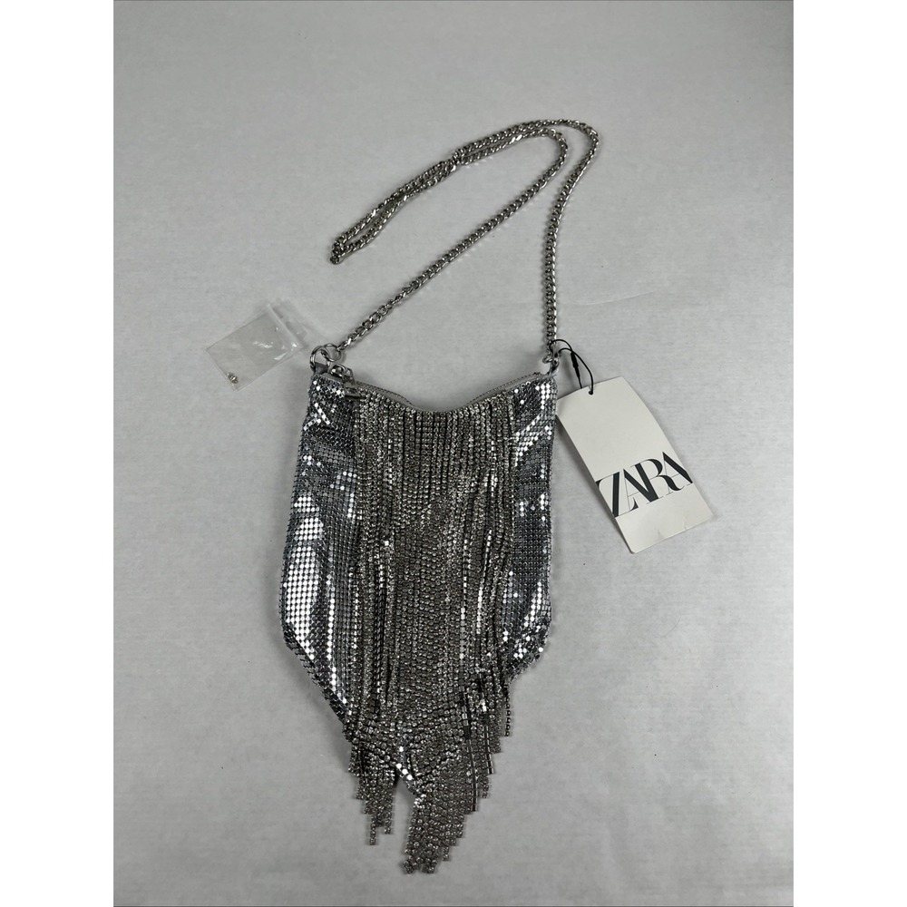 Zara Silver Metallic Fringe Chain Shoulder Clutch - Picture 2 of 6